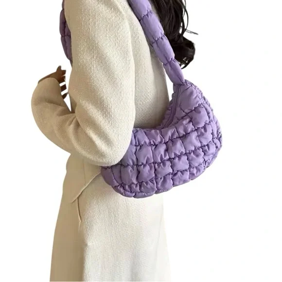 Bubble, puffy, quilted pleated, small cloud purse with shoulder strap. PURPLE - Picture 2 of 6
